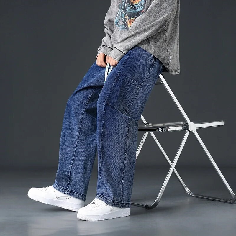 Men's Vintage Baggy Jeans Loose Fit Wide Leg Denim Pants Drawstring Mid