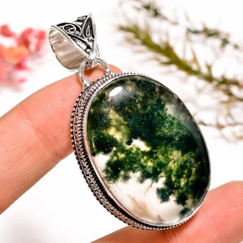 Moss Agate Gemstone Vintage Handmade 925 Sterling Silver Pendant 2.2