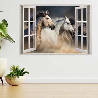 Pferde laufen Galopp in Wüste Staub 3D Fenster Blick Wandaufkleber Poster Aufkleber A608