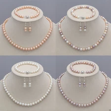 8-9mm Natural Akoya Cultured Pearl Necklace + Bracelet + Earrings Jewelry Set