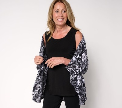 Susan Graver Regular Textured Woven Cardigan & Knit Tank Set Graphic Palm 2X New