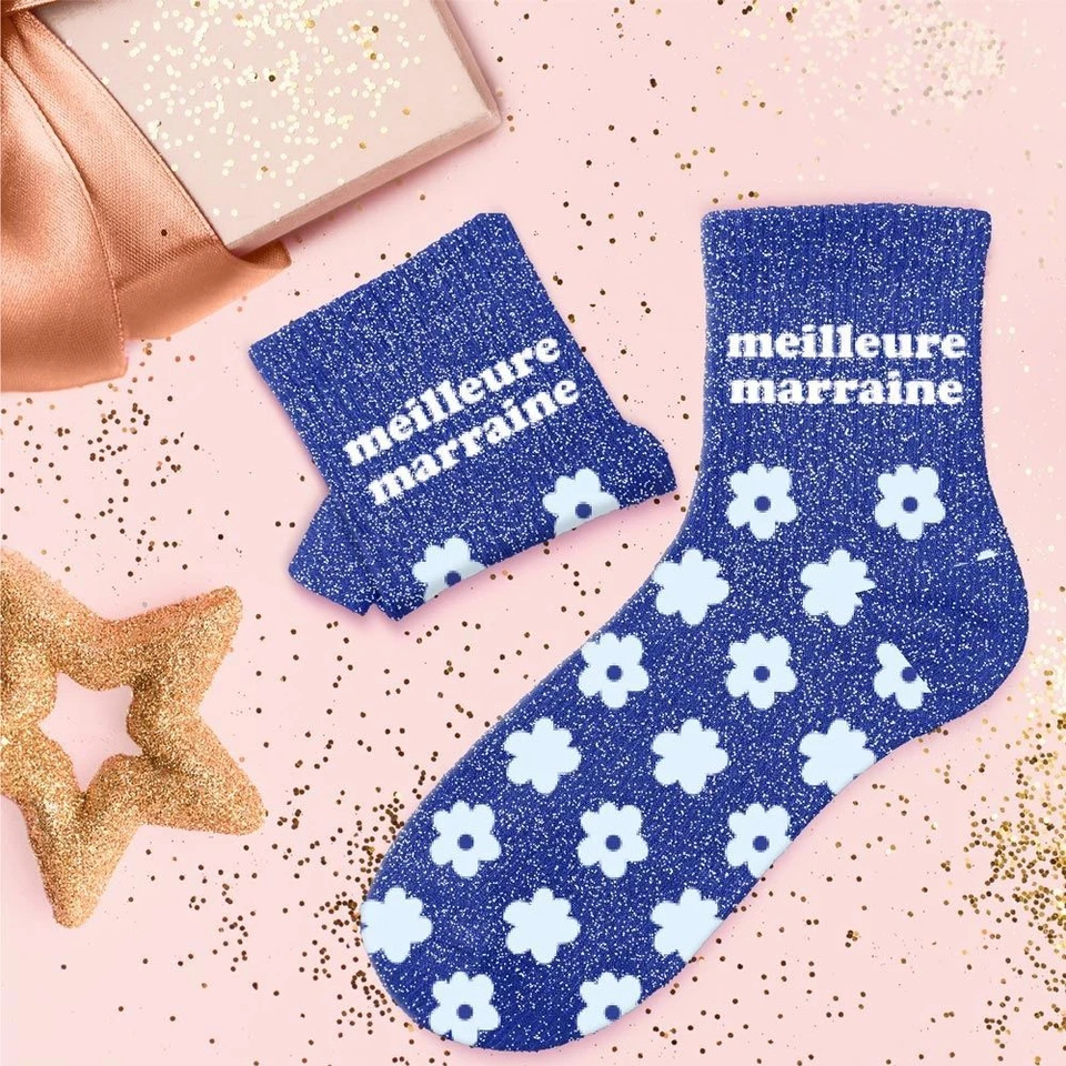Chaussettes Bleues à Paillettes "Meilleure Marraine" - Photo 2/3
