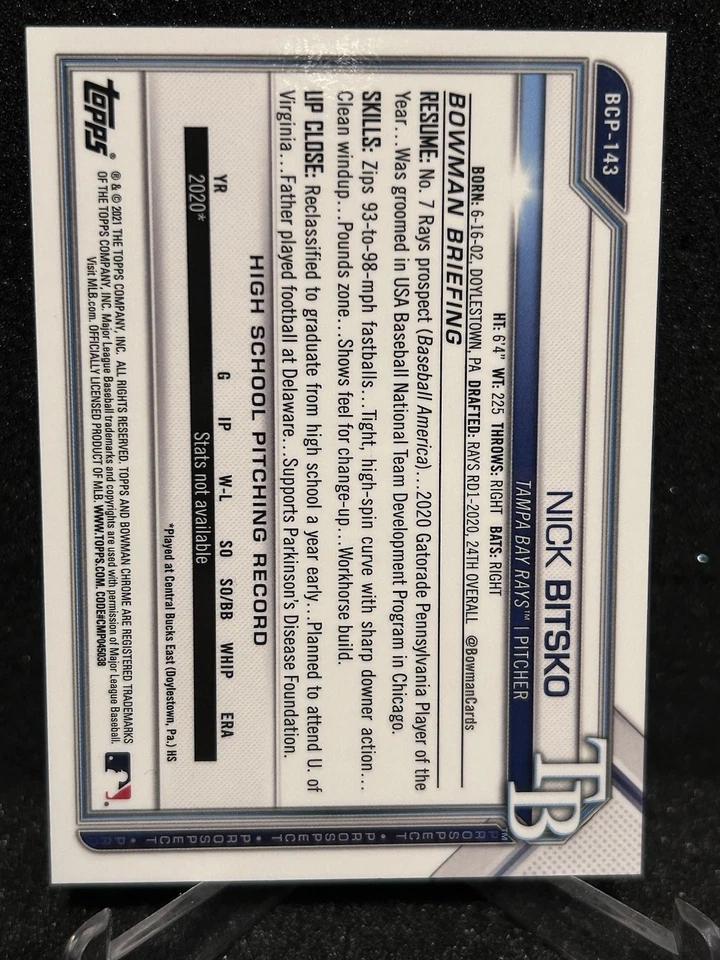 2021 Bowman Chrome Sapphire Nick Bitsko /125 Green Rays - Image 2 of 2