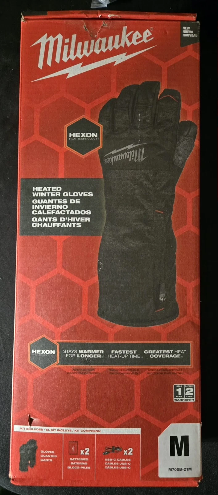 Milwaukee Medium M700B-21M Heated Winter Gloves Kit HEXON Heat Technology