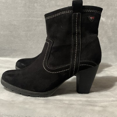 Tamaris Women's Black Suede Ankle Boots US 7.5 EU 38 Block Heel Zip Up Comfort