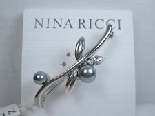 Nina Ricci Rhodium Plated Brooch with Swarovski Crystals and Pearl  - 8103