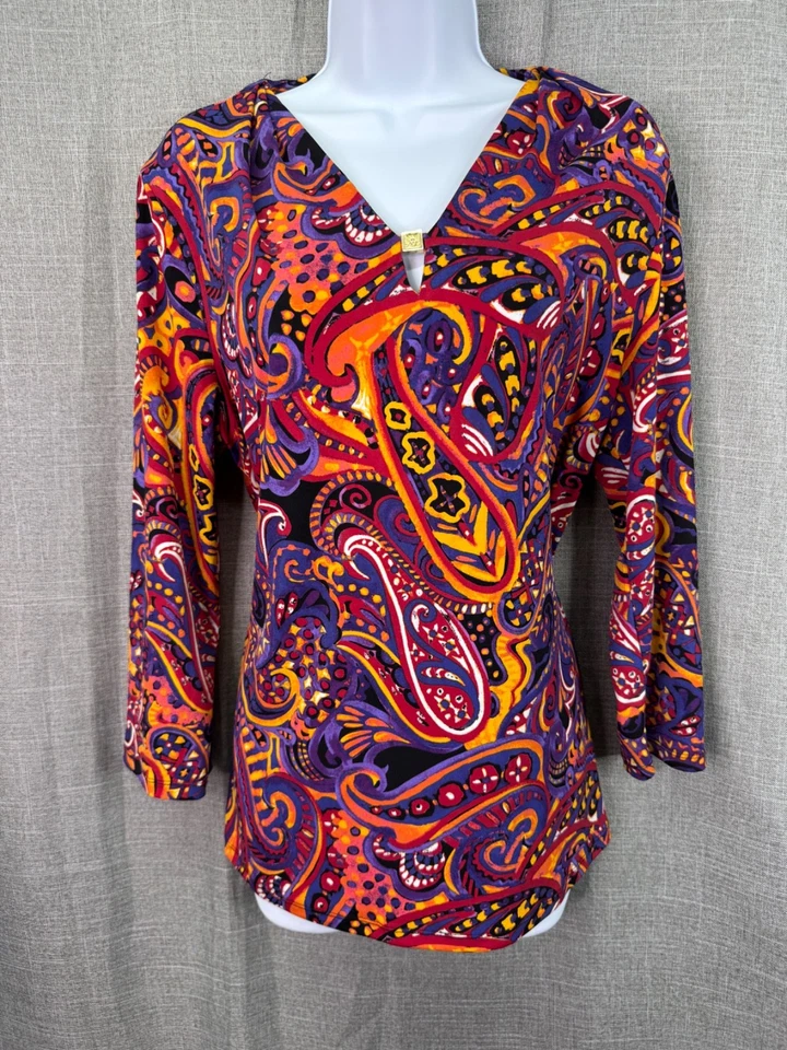 Top elegante manga 3/4 Anne Klein para mujer talla L brillante multicolor aspecto retro Foto 2 de 4