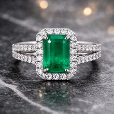 3.44 Ct Natural Emerald & Diamond Engagement Wedding Ring 14k White Gold Sz 8