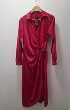Nasty Gal Midi Wrap Shirt Dress Womens UK 8 Hoop Detail Berry Red Satin C30
