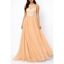 Dress Tells Dress Tan Nude Lace Tulle Flowy Med Lined Wedding Prom Formal Boho