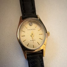 Halston Quartz Gold Case Analog Dress Watch Black Leather Strap Women's