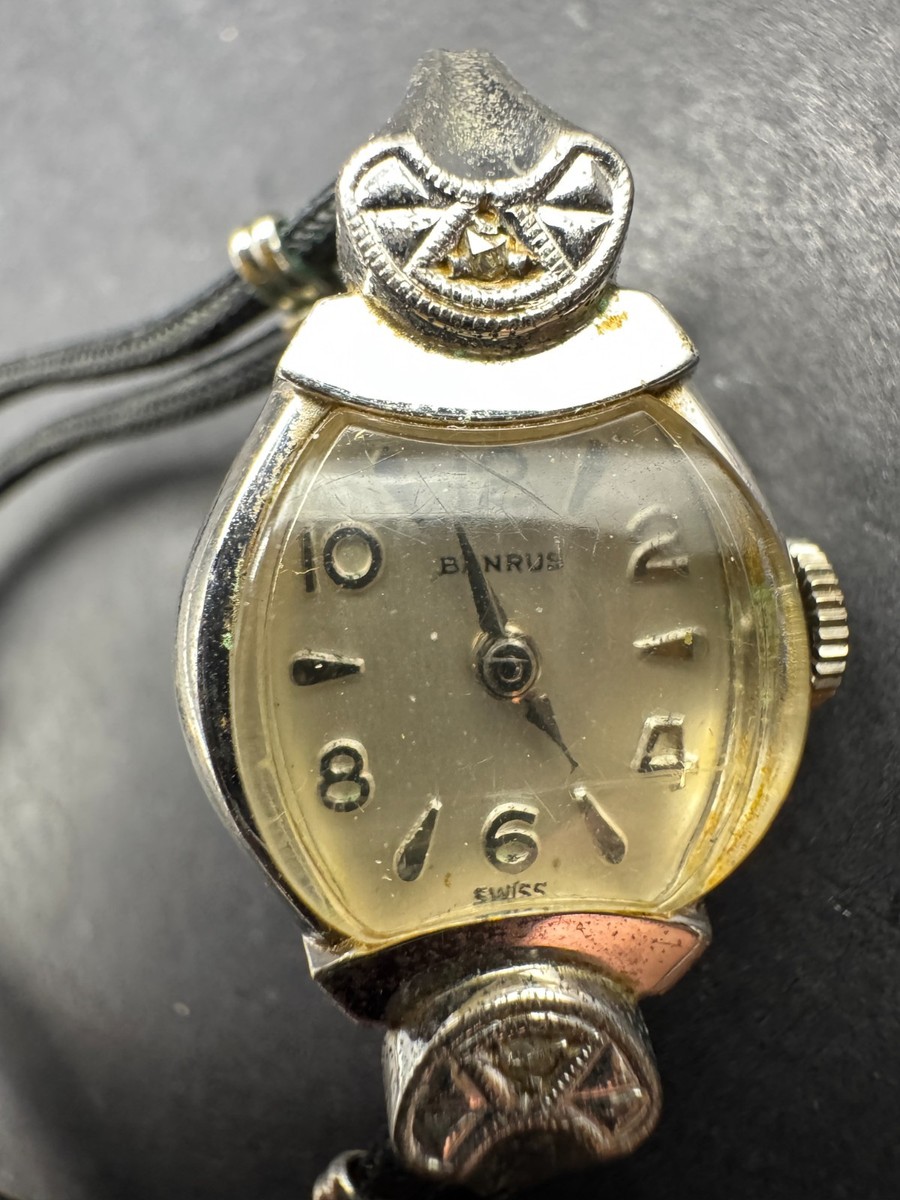 Vintage BENRUS Swiss 10k Gold RGP Bezel Wind Up Women's Watch Black Cord  Band