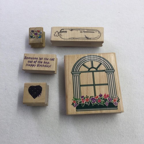 Rubber Wood Mounted Stamps Lot Window Flowers Heart Birthday Crafts Cardmaking