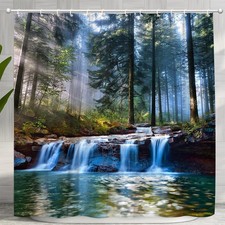 Forest Waterfall Shower Curtain with Sunlit Green Trees - Nature Scenery Decor