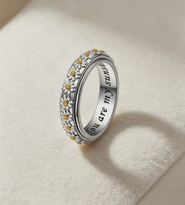 Retro Two Tone Silver Plated Daisy Relief Double layer Rotating Band Ring 8#