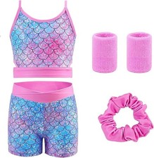 5-Piece Gymnastics Leotards for Girls with Shorts Scrunchie Wristbands 6-7years
