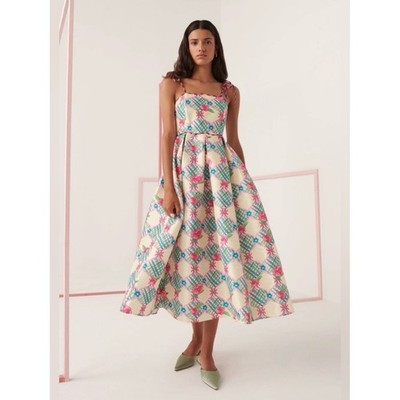 Celia B NWT Palau Midi Dress Pink Rose Blue Gingham Spaghetti Strap Full Dress L