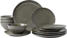 Image of 12pc Stoneware Dinnerware Set Plates Bowls Dark Olive Service for 4