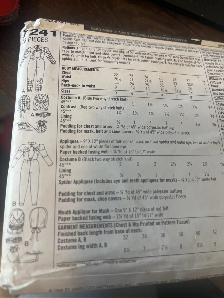 Spider-man 3 to 8 Kids Simplicity Costume Pattern 7241 Marvel Comics Spiderman - Image 2 of 3