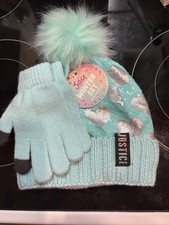 Justice NWT Girls Beanie Hat Gloves Set Aqua Sequin with Hearts Pom Pom E-14