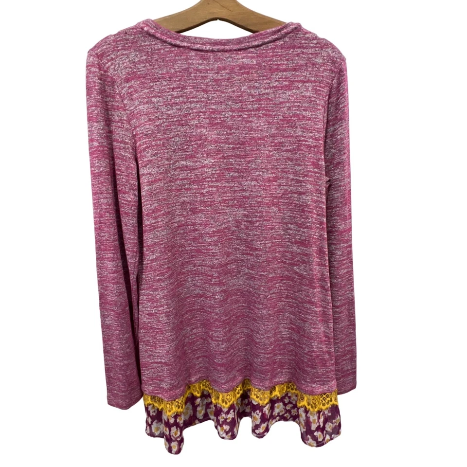 LOGO Lori Goldstein Space Dyed Long Sleeve Tunic Top Womens S Chiffon Lace Hem - Image 2 of 4