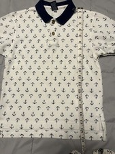 Lands End Polo Shirt Youth Size L-White/Blue Anchors-EUC
