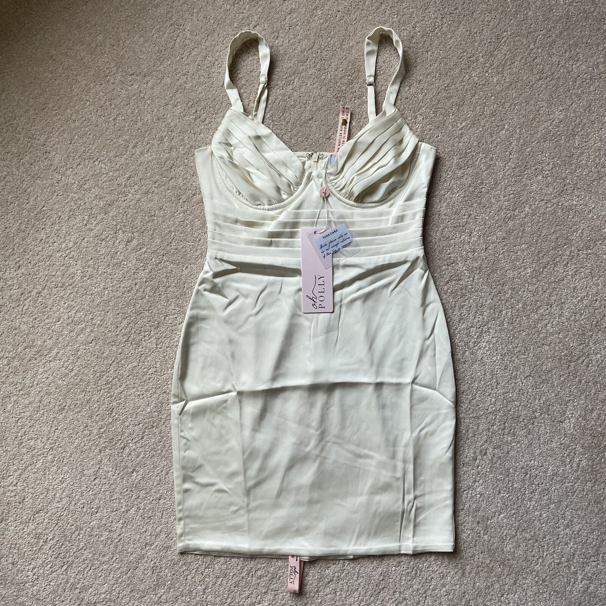 BNWT Oh Polly Modern Love Ivory Corset Pleated Satin Bodycon Mini Dress  Size 6 | eBay UK