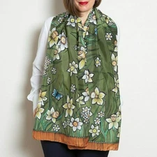 Daffodil Print Hand Painted Silk Scarf  Butterfly Scarf Green Scarf Mother Gift