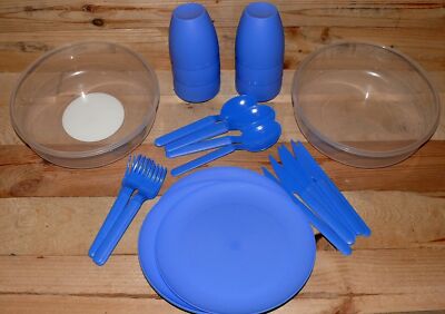 Enjoy Style Picknick Satz 32 Teilig Camping Garten Party Geschirr Besteck Blau