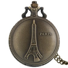 Classic Quartz Pocket Watch with Necklace Chain Bronze Style Paris Eiffel Tower