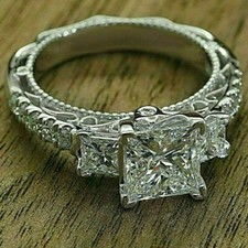 3.00Ct White Princess Cut CZ-Stone Vintage Engagement Ring 14K White Gold Finish