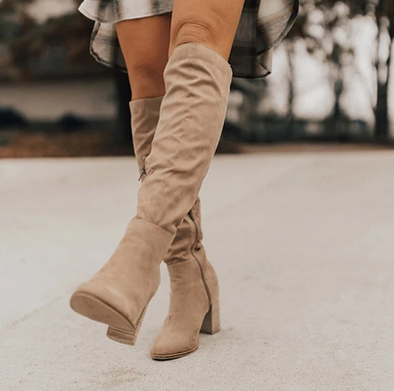 Ladies Knee High Riding Boot with Thick Heel Cosy Zipper