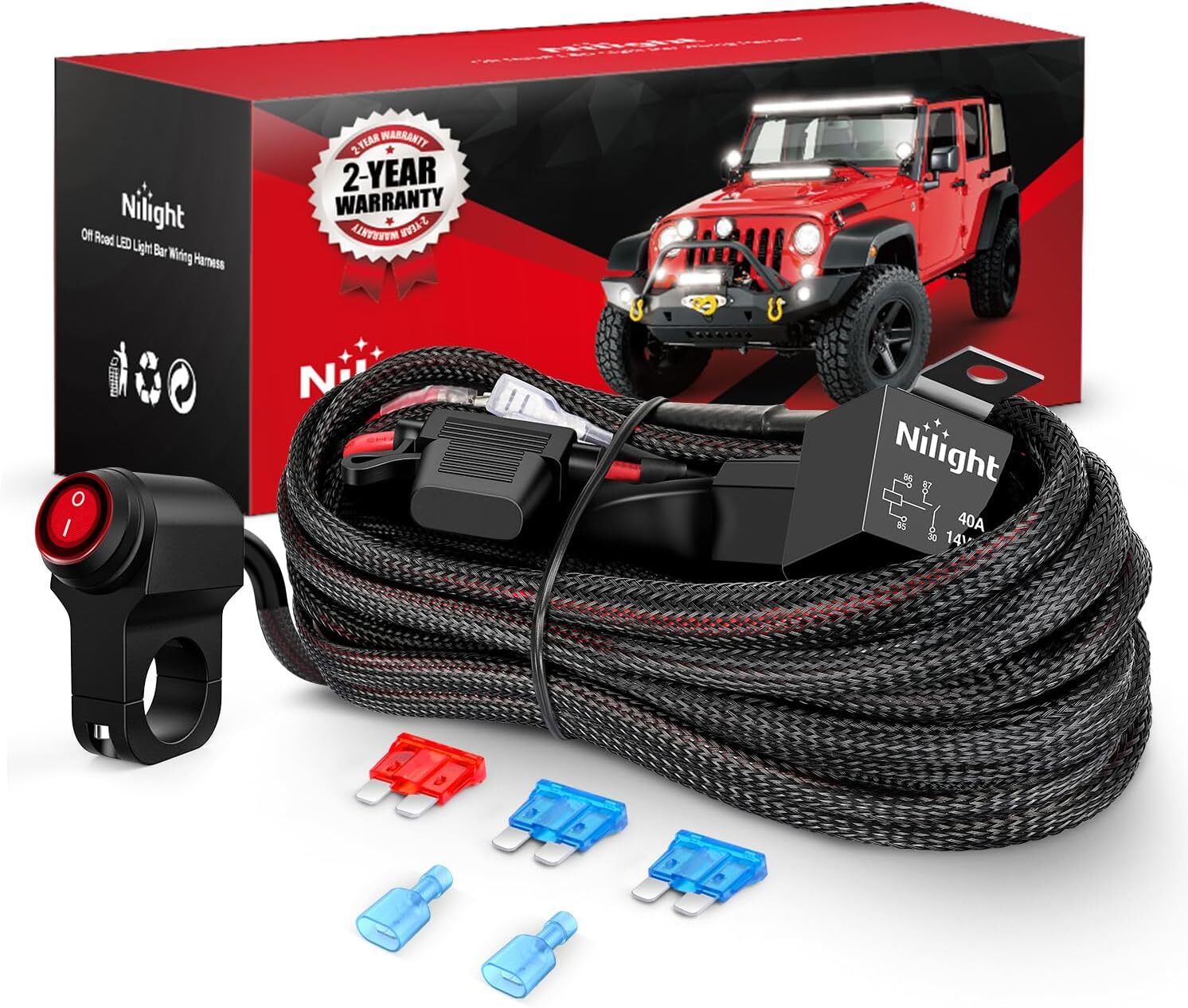 Nilight Wiring Harness Kit Nylon 16 AWG 1 Lead 12V Motorcycle Handlebar Switch