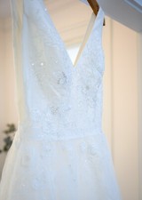 David's Bridal Mikado and Tulle V-neck Ball Gown Wedding Dress WG3877 Ivory