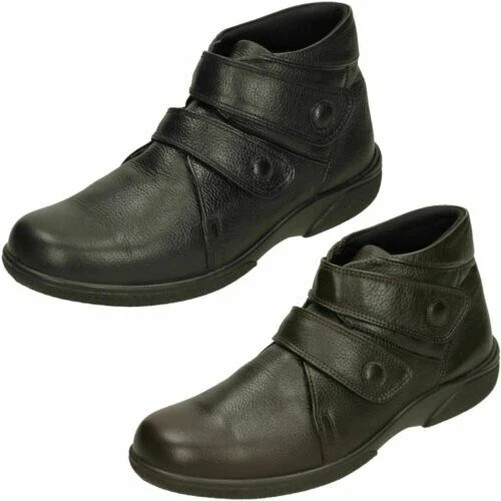 Ladies Easy B Extra Wide Fit Hook Loop Leather Heeled Ankle
