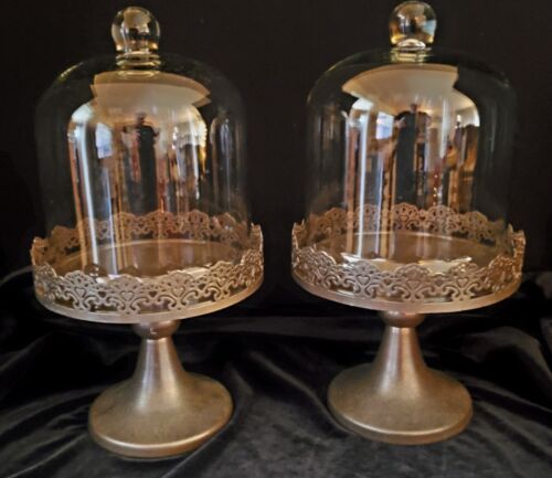 2  Vintage Fancy Filigree Metal Cupcake/Petti Four Pedestals W/ Glass Dome Wow! - 第 1/18 張圖片