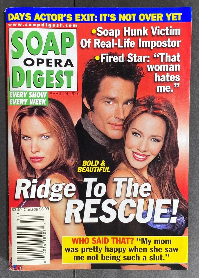SOAP OPERA DIGEST Apr/May 2001 ~ B&B Ridge,Morgan,Taylor/Days Bo/Y&R Nick/Damian - Image 2 of 4