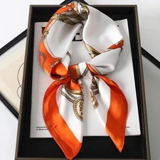 Fine Artificial Silk Orange White Square Scarf Bandana Purse Neckerchief 26"