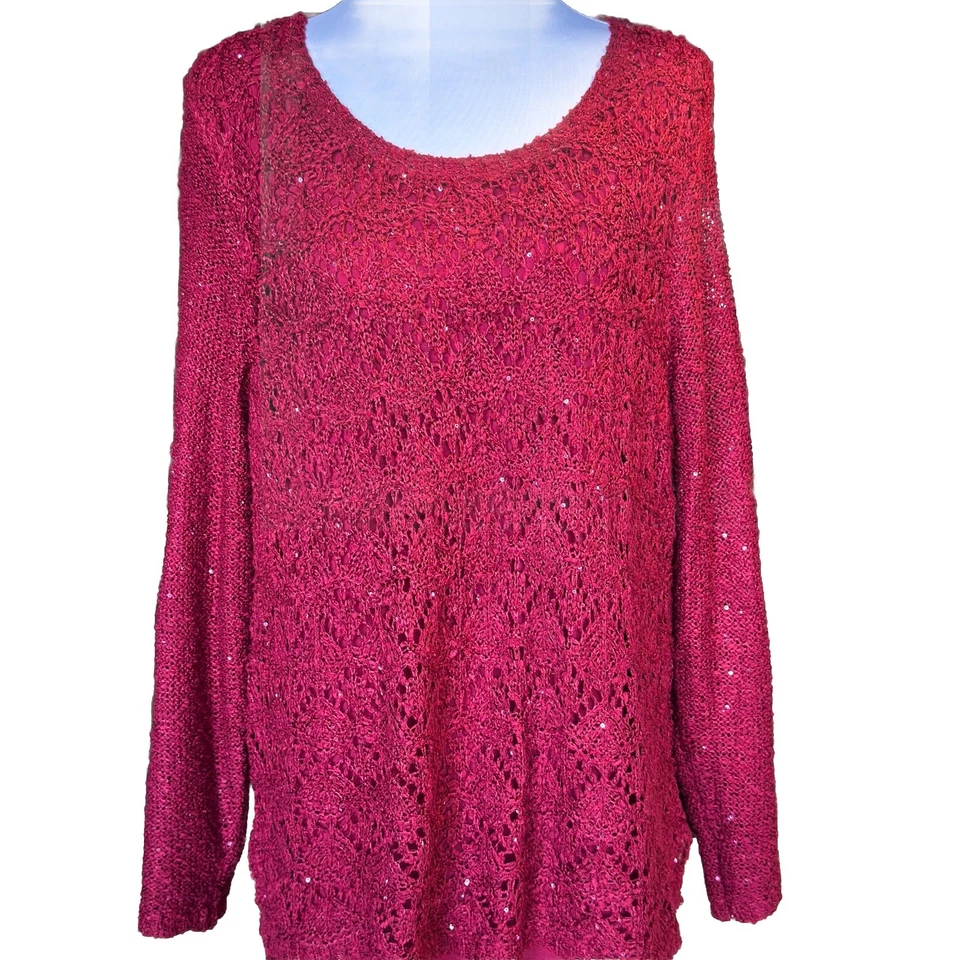 Túnica feminina Cato vermelha forrada lantejoulas malha aberta tamanho 1X - Imagem 2 de 4