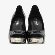 CHANEL Name Plate Chrome Logo Black Patent Leather Heel 37 6.5
