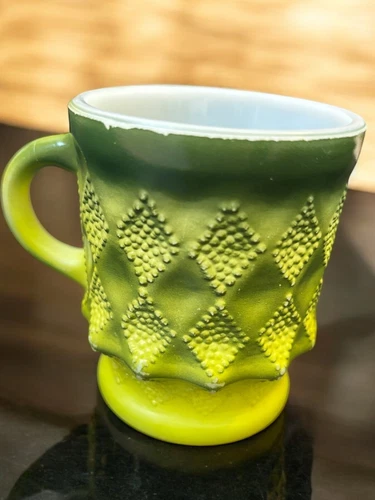 Vintage Fire King Kimberly Green Diamond Coffee mug 1970