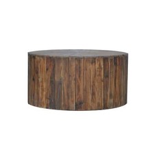 36 Inch Round Drum Coffee Table, Classic Plank Design, Rustic Brown Wood Brown W
