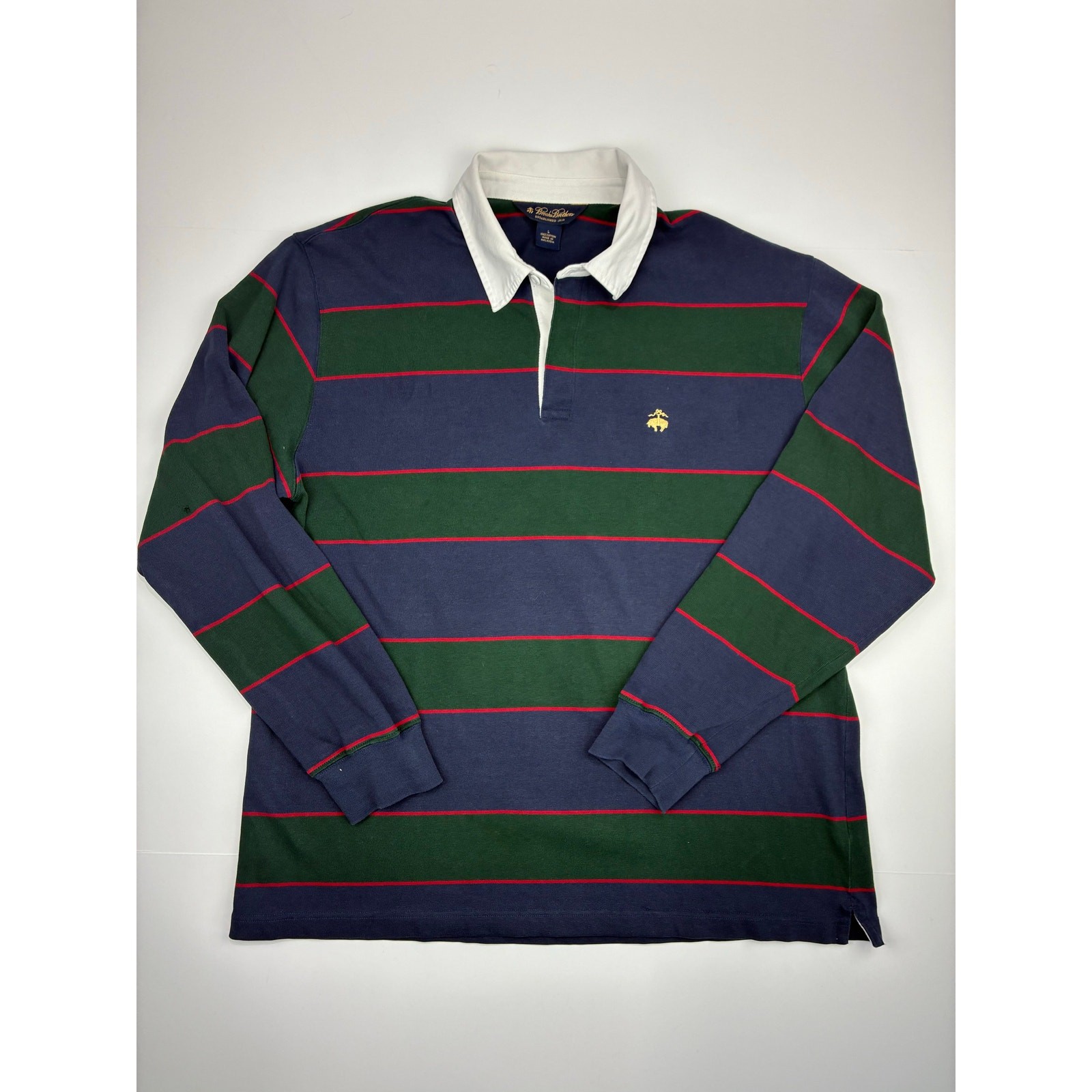 Brooks Brothers Mens Rugby Shirt Large Striped Preppy Ivy Cotton Polo Blue Green