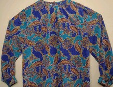 Vintage Laura Jayne Geometric Paisley Blouse Blue Long Sleeve Women's Size Large