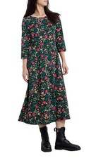 Seasalt Cornwall Teal, Turquoise & Pink Floral 3/4 Sleeve Cotton Midi Dress 18