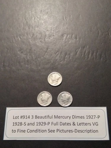 Lot #914 3 Beautiful US Mercury Dimes 1927-P 1928-S 1929-P F-VF See Pictures