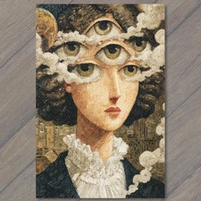 POSTCARD Surreal Woman Multiple Eyes Clouds Vision Dream Abstract Oil Texture