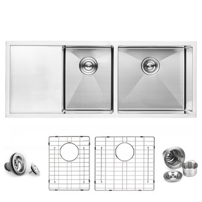 45-inch Undermount Double Bowl Kitchen Sink with Drainboard, 16 Gauge 