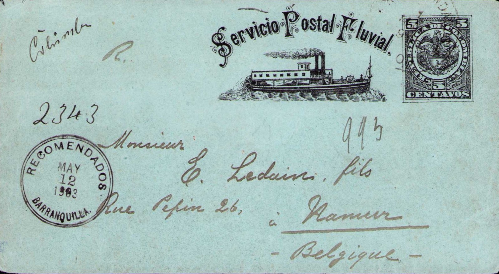COLOMBIA - BELGIUM - 5c STATIONARY RIVER COVER - BOGOTA to NAMUR - 1903 RR