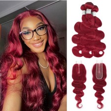 Anmetan Red Burgundy Human Hair Body Wave 3 Bundles 2x6 Closure 10/12/14 10 inch